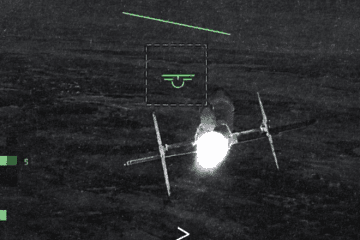 Footage showing a Ukrainian jet-powered interceptor destroying a Russian Geran-5 attack drone over the Chernihiv region on October 8, 2026. (Source: Serhiy Prytula Charity Foundation)