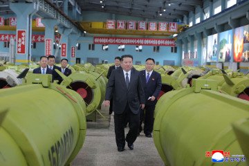 North Korean leader Kim Jong Un visiting major munitions industry enterprises to acquaint himself with the missile and shell production at an undisclosed place in North Korea on December 26, 2025. (Source: Getty Images)