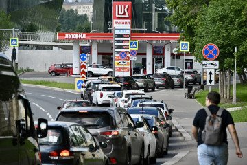 People queue to refuel their cars at a Lukoil petrol station in Moscow on June 30, 2026. (Source: Getty Images) People queue to refuel their cars at a Lukoil petrol station in Moscow on June 30, 2026. (Source: Getty Images)