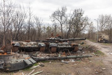 Destroyed and burned tanks and other military equipment of the Russian invaders along the Zhytomyr highway in the vicinity of Kyiv, April 23, 2022.