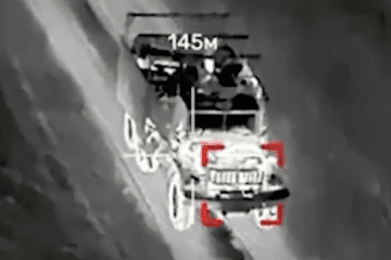Real-time interface of an AI-guided drone locking onto a Russian military transport truck equipped with anti-drone cages. (Source: Brave1) Real-time interface of an AI-guided drone locking onto a Russian military transport truck equipped with anti-drone cages. (Source: Brave1)