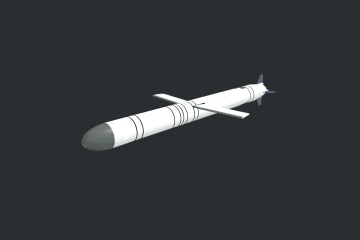 3D model of the Russian 9M727 cruise missile from the Iskander-K system, showing aerodynamic design with mid-body wings and tail stabilizers. (Source: War&Sanctions)