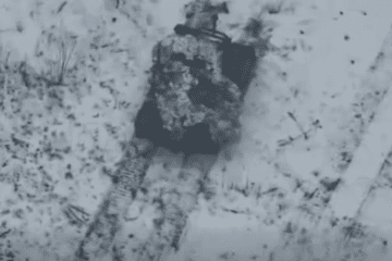 Russian ground robot carrying a 120-mm mortar moments before being hit by a Ukrainian drone, February 2026. (Source: 14th Mechanized Brigade)