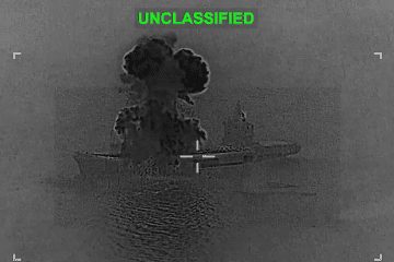 Iranian Shahid Bagheri drone carrier during a US attack. (Source: CENTCOM)