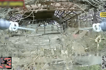 First-person view from a Ukrainian FPV drone moments before striking a heavily modified Russian tank. (Source: Apache Unmanned Systems Battalion)
