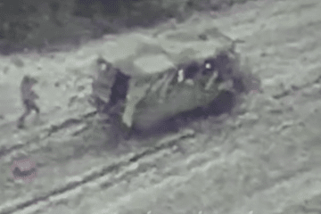 Russian soldiers setting their own vehicle ablaze to avoid a Ukrainian FPV drone strike, February 2026. (Source: 3rd Army Corps)