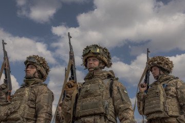 Ukrainian recruits of the Air Assault Forces complete basic military training in a training center at an undisclosed location on March 27, 2026.
