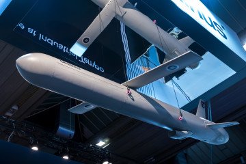 A Ruta Missile Block 1 developed by Dutch company Destinus is displayed at the company’s stand during the inaugural edition of the Brussels European Defence Exhibition & Conference (BEDEX) on March 13, 2026, in Brussels, Belgium.