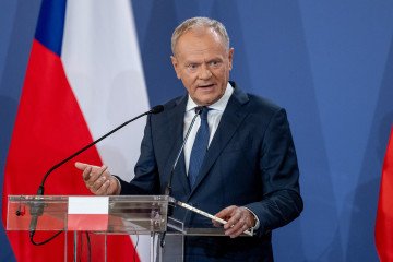 Polish Prime Minister Donald Tusk speaks during a press conference after a summit of V4 countries on June 23, 2026 in Godollo, Hungary. (Source: Getty Images)