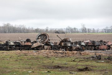Broken tanks, destroyed combat vehicles, and other burnt military equipment of the Russian invaders in Hostomel, Kyiv region, April 2. (Source: Getty Images)
