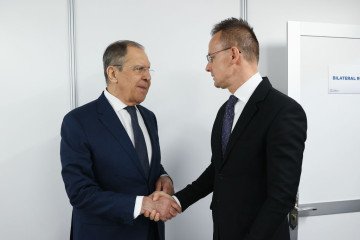 Russian Foreign Minister Sergey Lavrov (L) and his Hungarian counterpart Péter Szijjártó (R) meet in Skopje, North Macedonia on November 30, 2023. (Source: Getty Images)