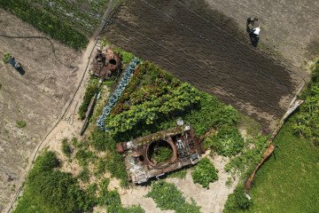 Ukrainians raise vegetables and flowers next to a destroyed Russian tank, the remains of which lie in a garden in the village of Velyka Dymerka near Kyiv, Ukraine, August, 2023. (Source: Getty Images)