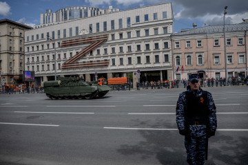 A Russian military vehicle moves along the Garden Ring road in front of a huge Z letter, a tactical insignia of Russian troops in Ukraine, in Moscow on May 7, 2025. (Source: Getty Images) A Russian military vehicle moves along the Garden Ring road in front of a huge Z letter, a tactical insignia of Russian troops in Ukraine, in Moscow on May 7, 2025. (Source: Getty Images)