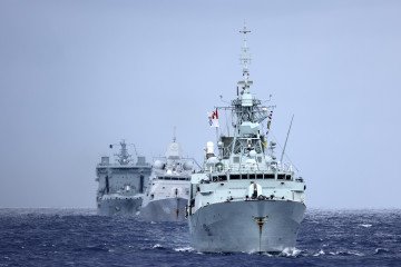 Illustrative image. From front to back are HMCS Winnipeg, HNLMS Evertsen, and RFA Tidespring in formation, September 09, 2021. (Source: Wikimedia)