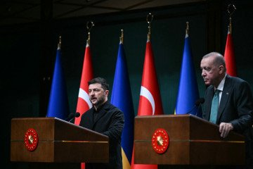 Turkey's President Recep Tayyip Erdogan and Ukraine's President Volodymyr Zelenskyy hold a joint press conference after their meeting at the Presidential Complex in Ankara on November 19, 2025. (Source: Getty Images)