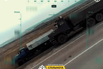 Russian logistics vehicles moments before a Ukrainian drone strike, October 2026.
