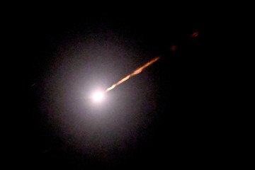 A missile flies over Kyiv during a Russian strike on July 19, 2026. (Source: Getty Images)