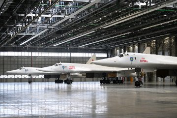 Three Tupolev Tu-160M strategic bombers are seen at the Gorbunov Kazan Aviation Plant in Kazan on February 21, 2024. (Source: Getty Images)
