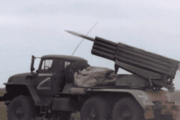 Russian BM-21 Grad MLRS firing at Ukrainian positions.