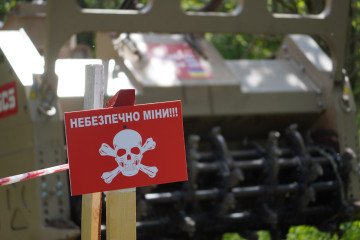 A group of international humanitarian demining organizations presents GCS-200, the newest machine for remote demining of large areas, on May 15, 2024, in Kyiv Oblast, Ukraine. (Source: Getty Images)