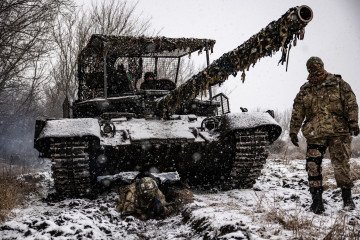 Ukrainian soldiers practice interaction in combat formations with tank support on February 15, 2025, in the Donetsk region, Ukraine. (Source: Getty Images)