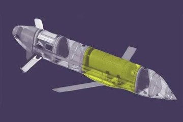 A three-dimensional cutaway rendering displays the internal structure of the “Banderol” cruise missile, with the warhead compartment highlighted in yellow. (Source: Unian)