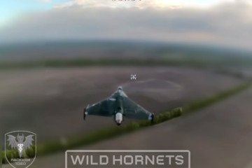 Russian Geran-4 jet-powered strike drone seen through the targeting system of a Ukrainian interceptor drone during interception, May 3, 2026. (Source: Wild Hornets)