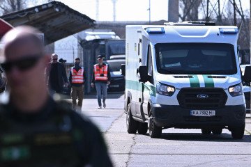 One of two Ukrainian armored cash vehicles returned by Hungary’s tax authority (NAV) to Oschadbank in Budapest on March 12, 2026, after the detention of seven Ukrainian employees. (Source: Getty Images)