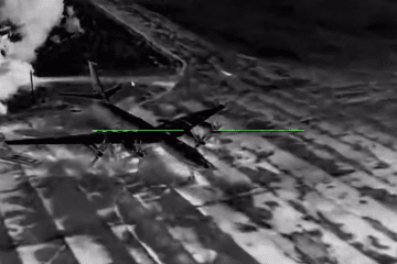 A Russian Tu-142 maritime patrol aircraft moments before being struck by a Ukrainian drone near Taganrog, Russia, on May 30, 2026. (Source: Madyar)