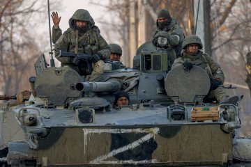 Russian soldiers are seen on a tank in the Volnovakha district in the Russian-controlled Donetsk, in Ukraine, on March 26, 2022. (Source: Getty Images) Russian soldiers are seen on a tank in the Volnovakha district in the Russian-controlled Donetsk, in Ukraine, on March 26, 2022. (Source: Getty Images)