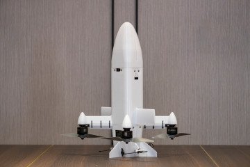 Prototype of an interceptor drone developed by Amazing Drones stands on the table during a press conference of Japanese corporation Terra Drone and Ukrainian company Amazing Drones on March 31, 2026, in Kyiv, Ukraine. (Source: Getty Images)