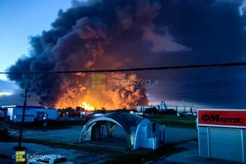 A fire burns at the Slavyansk ECO oil refinery in Slavyansk-on-Kuban, Russia’s Krasnodar region, following a reported Ukrainian drone strike on June 28, 2026. (Source: Exilenova+)
