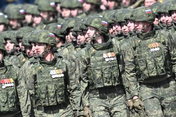 Troops march towards the Red Square in Moscow as part of the celebrations of the 80th anniversary of Victory in the Great Patriotic War on May 09, 2025, Russia. (Source: Getty Images)
