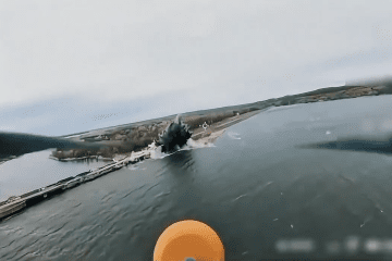 Explosion on the Pechenihy dam in Kharkiv region during a Russian strike with guided bombs, captured from a drone’s perspective. (Photo: Open source) Explosion on the Pechenihy dam in Kharkiv region during a Russian strike with guided bombs, captured from a drone’s perspective. (Photo: Open source)