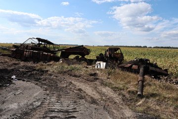 A destroyed Russian tank outside Ukrainian-controlled Russian town of Sudzha, Kursk region on August 16, 2024. (Source: Getty Images)