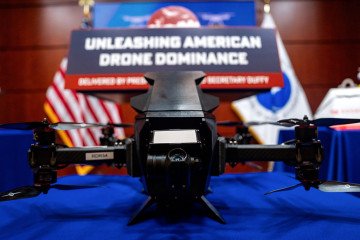 An American Robotics Iron Drone Raider Interceptor displayed prior to a news conference in Washington, DC, US, on August 5, 2025. (Source: Getty Images)