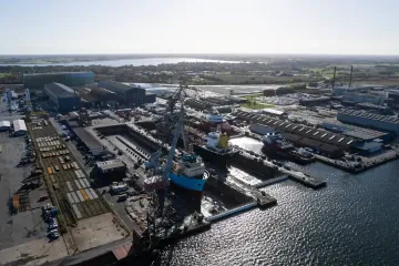 An aerial view of the Fayard shipyard in Odense, Denmark, where specialized vessels undergo maintenance and repair. (Source: Benny Kjølhede)