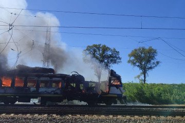 A passenger train traveling from Kharkiv to Izium burns after being struck by a Russian Shahed-type drone in Ukraine’s Kharkiv region on September 9, 2026. (Source: Chairman of the Board of Ukrzaliznytsia Oleksandr Pertsovskyi) A passenger train traveling from Kharkiv to Izium burns after being struck by a Russian Shahed-type drone in Ukraine’s Kharkiv region on September 9, 2026. (Source: Chairman of the Board of Ukrzaliznytsia Oleksandr Pertsovskyi)