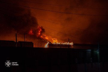 A warehouse facility burns at night in Kyiv following a Russian ballistic missile strike. (Source: State Emergency Service of Ukraine)