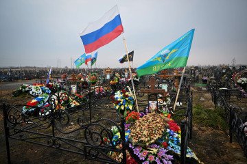 Flags of Russia and the country’s Airborne Troops fly above graves of Russian soldiers at a cemetery in the town of Yefremov in the Tula region on March 23, 2023. Flags of Russia and the country’s Airborne Troops fly above graves of Russian soldiers at a cemetery in the town of Yefremov in the Tula region on March 23, 2023.