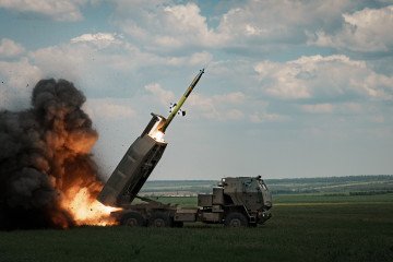 A M142 HIMARS launches a rocket toward Bakhmut on May 18, 2023, in Ukraine’s Donetsk region.