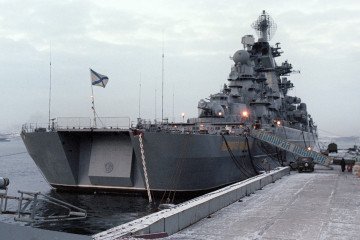 Russia’s nuclear-powered missile cruiser Admiral Nakhimov docked at port during the early stages of its overhaul. (Source: Russian media)
