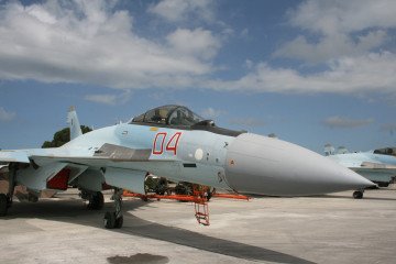 Illustrative image of a Russian Su-35 fighter jet at Hmeimim Air Base in Syria on May 4, 2016. (Source: Getty Images)