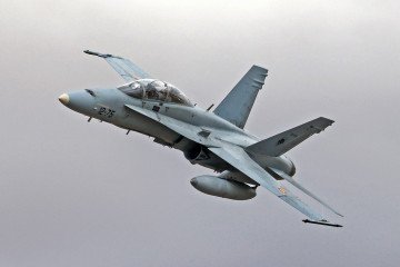 A Spanish Air Force EF-18B Hornet flies over Torrejón de Ardoz Air Base in Madrid, Spain, October 12, 2025. Illustrative photo. (Source: Getty Images)