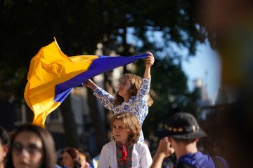 People gather for a Ukraine independence rally outside Downing Street in London during Ukrainian Independence Day Ukraine Independence United Kingdom
