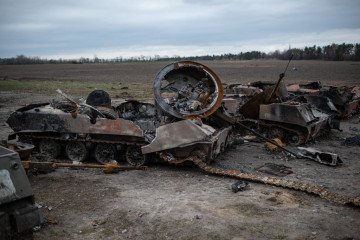 Burnt Russian tanks and APCs are seen in a field on April 6, 2022 in Hostomel, Ukraine. (Source: Getty Images) Burnt Russian tanks and APCs are seen in a field on April 6, 2022 in Hostomel, Ukraine. (Source: Getty Images)