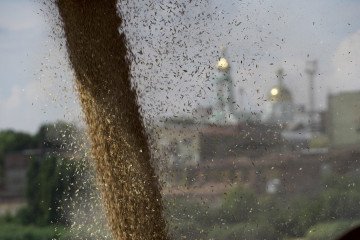 Wheat is loaded aboard a cargo ship in the international port of Rostov-on-Don. (Source: Getty Images)