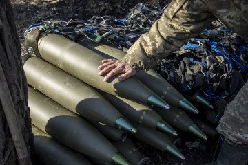 Ammunition are seen piled in an artillery position nearby Bakhmut. (Source: Anadolu Agency via Getty Images)