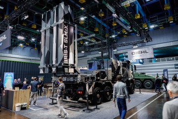 IRIS-T SLM air defense system launcher displayed at Diehl Defence’s stand during the Enforce Tac defense trade fair in Nuremberg, Germany, February 25, 2026. (Source: Getty Images)