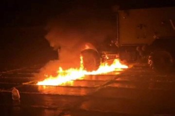 Flames engulf a Russian R-417 “Baget” communications vehicle at the Rostov-on-Don airbase following a reported sabotage by ATESH partisans. (Source: ATESH)